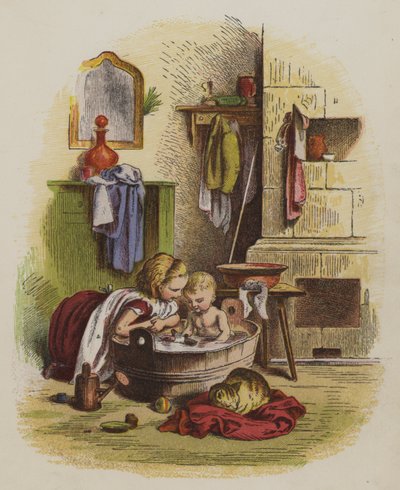 Niña observando a su hermanito jugando en la bañera de Oskar Pletsch